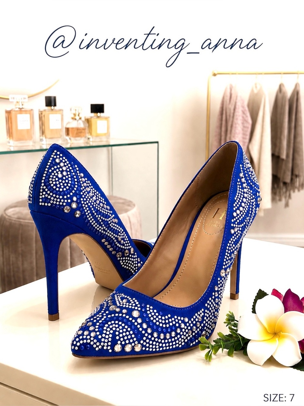 ANNE MICHELLE Royal Blue 4-inch Heels with Rhinestone Embellishments size 7
